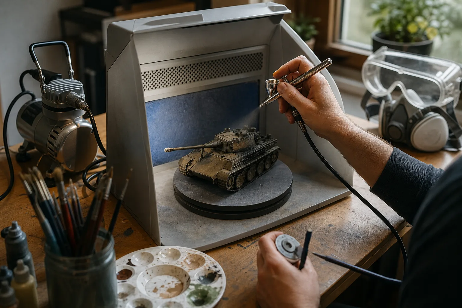 En pensel och en airbrush placerade sida vid sida bredvid en halvmålad skalmodell