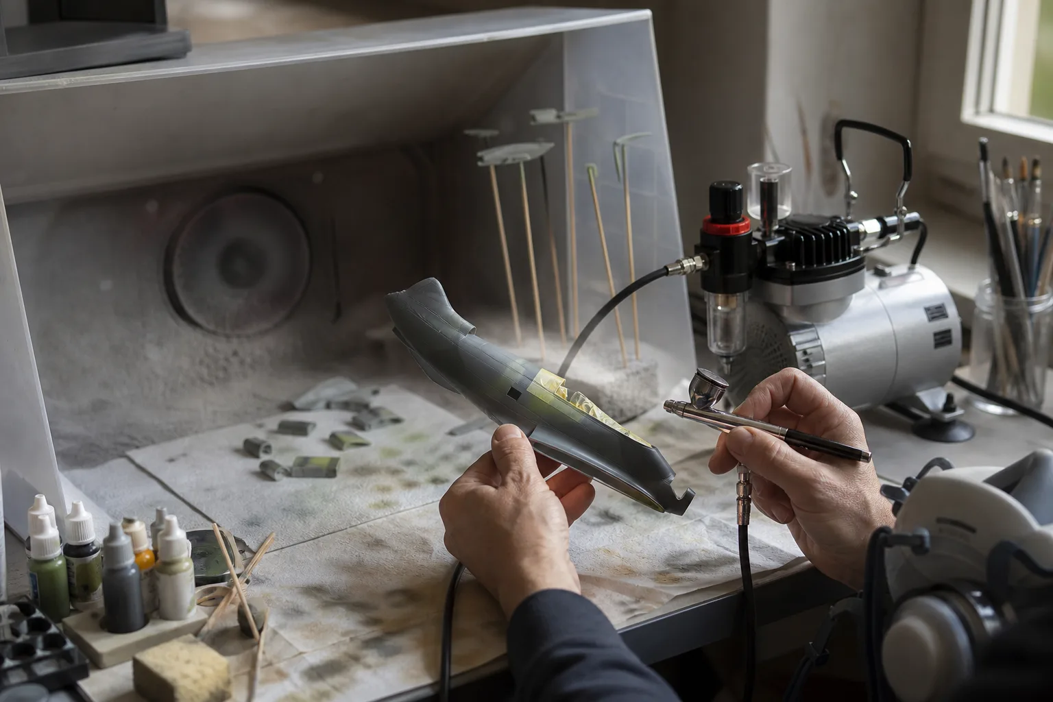 Airbrush riktad mot en skalmodell under sprutmålning i ett hobbyrum