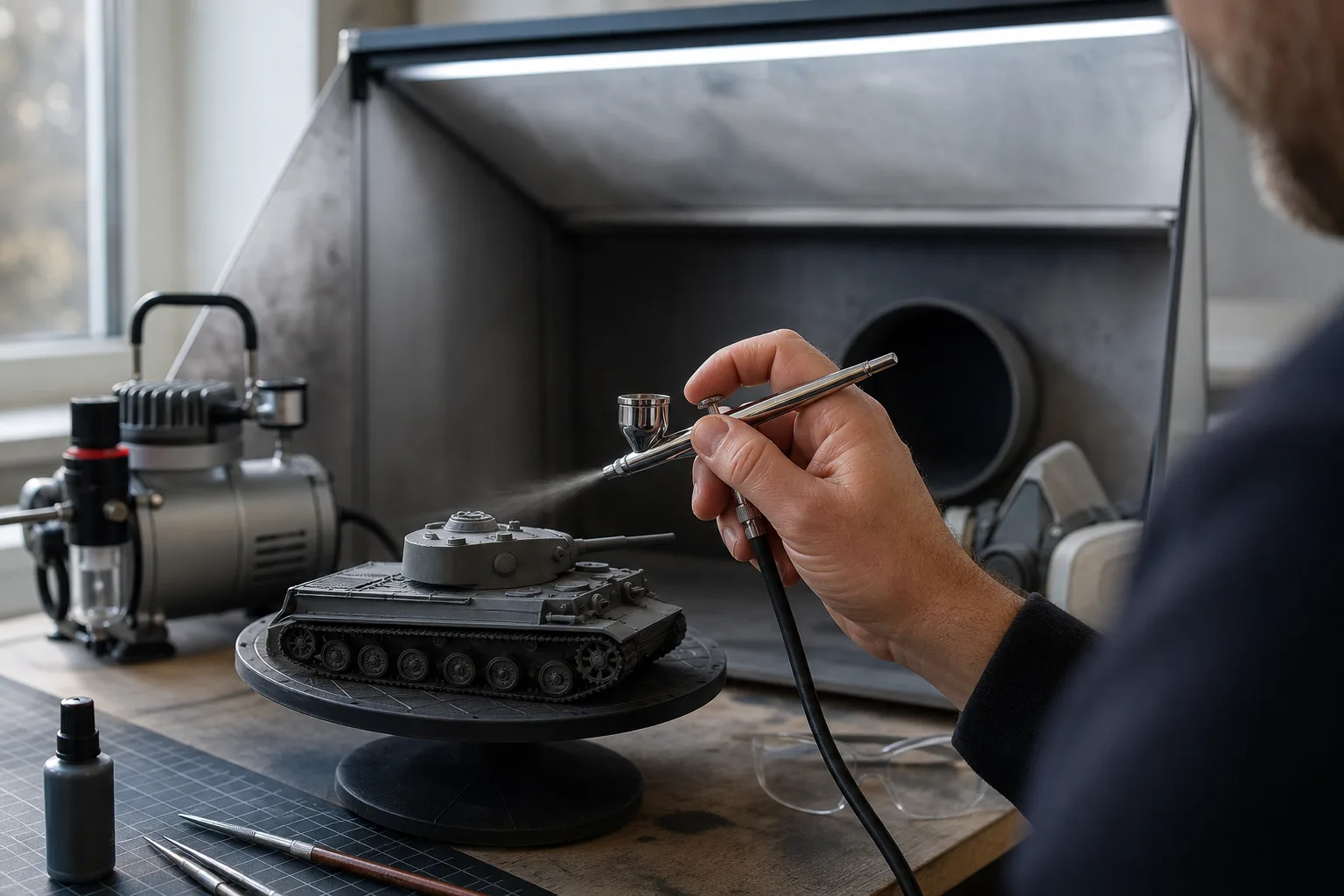 Närbild på airbrush som målar en tunn panellinje på en skalmodell i mindre skala