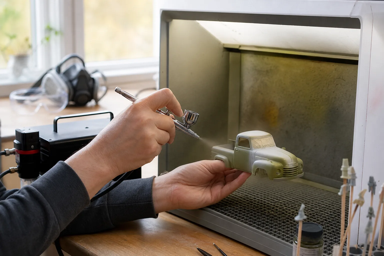 Nybörjare övar sprutmålning med airbrush på en testyta bredvid en skalmodell