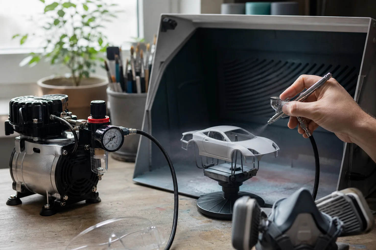 Liten airbrushkompressor med tryckmätare uppställd på ett arbetsbord i ett hobbyrum