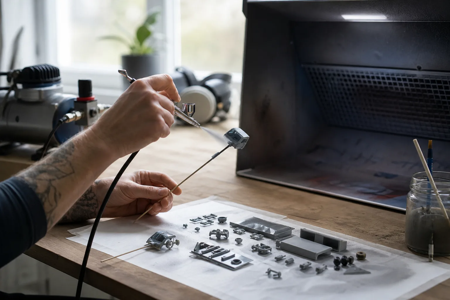 Isärtagen airbrush med nål, munstycke och rengöringsborste utlagda på en arbetsduk