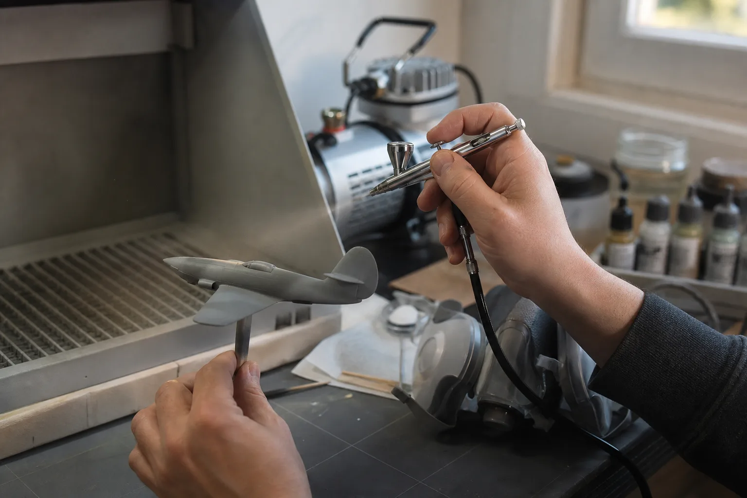 Flaskor med airbrushfärg uppställda bredvid en airbrush och en skalmodell på ett arbetsbord