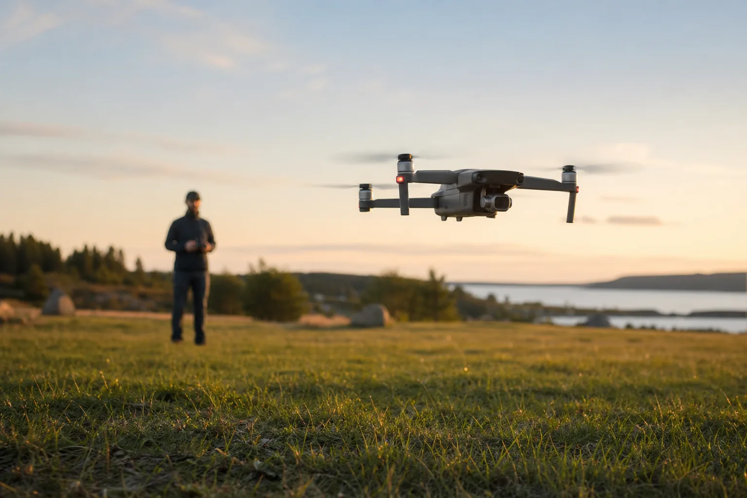 Kameradrönare med gimbal-stabiliserad kamera filmar ett landskap i motljus