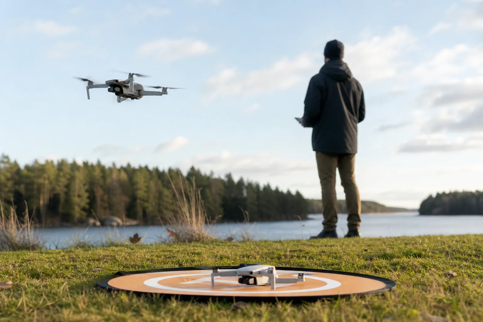 Person jämför två kameradrönare på ett bord innan köp