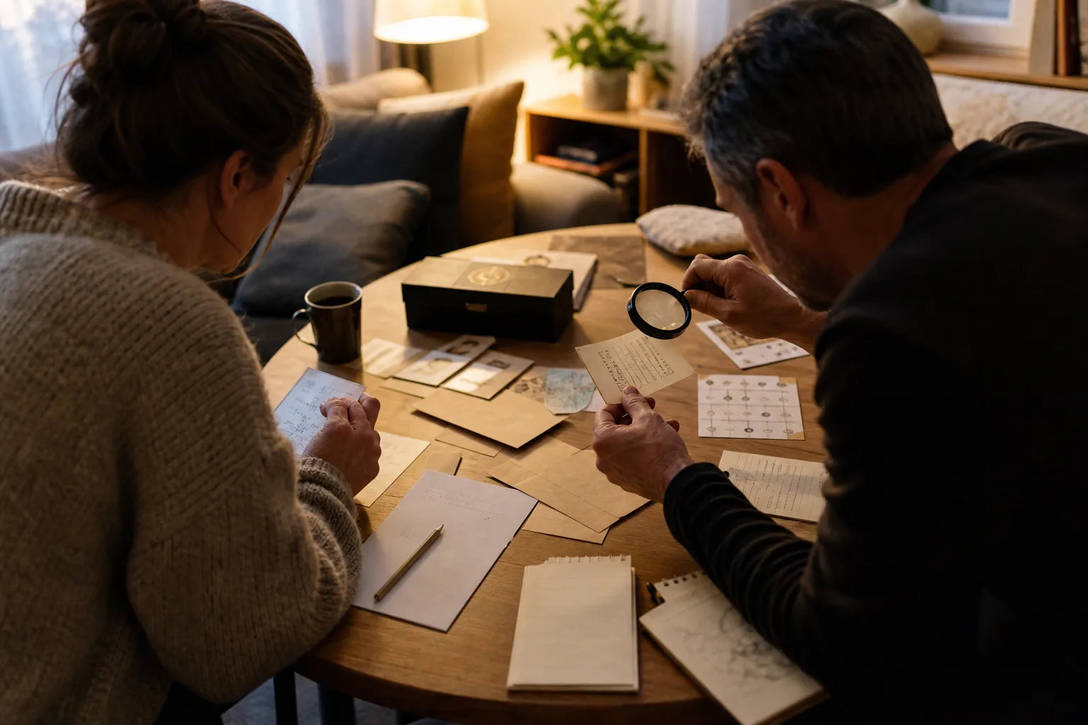 Två personer delar på ett kort och en ledtråd vid ett bord under ett escape room-spel