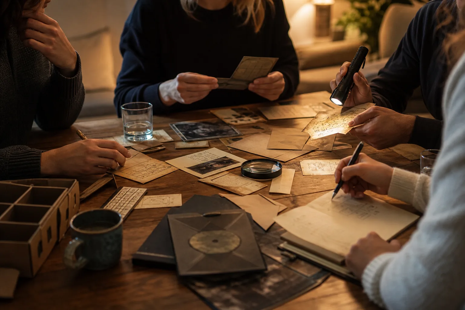 En grupp vuxna böjda över kort och ledtrådar vid ett bord under ett escape room-spel hemma