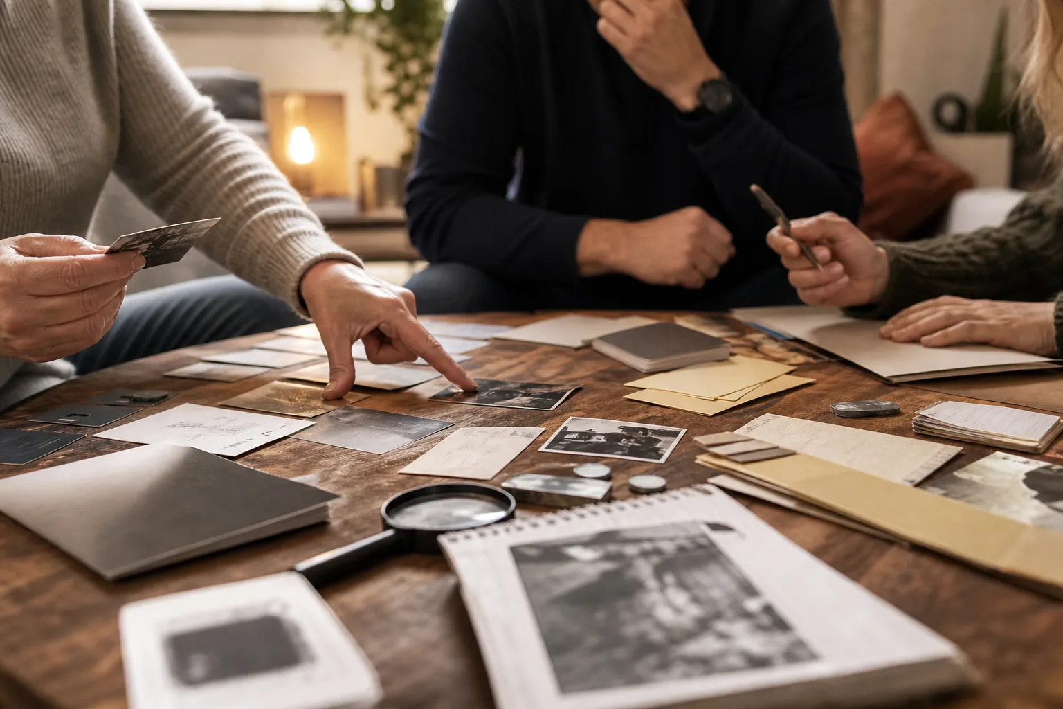Utredningsdokument, ett brev och fotografier sorterade som bevismaterial i ett mordmysteriumspel