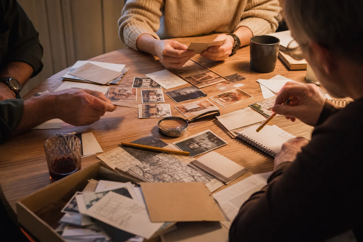 Vuxna spelare diskuterar kring en karta och tidningsurklipp i ett mysteriespel