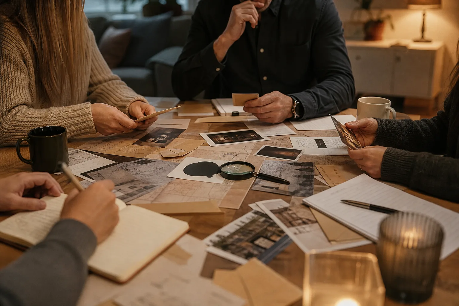 Utredningsmaterial med fotografier, anteckningar och ett förstoringsglas utlagt på ett bord