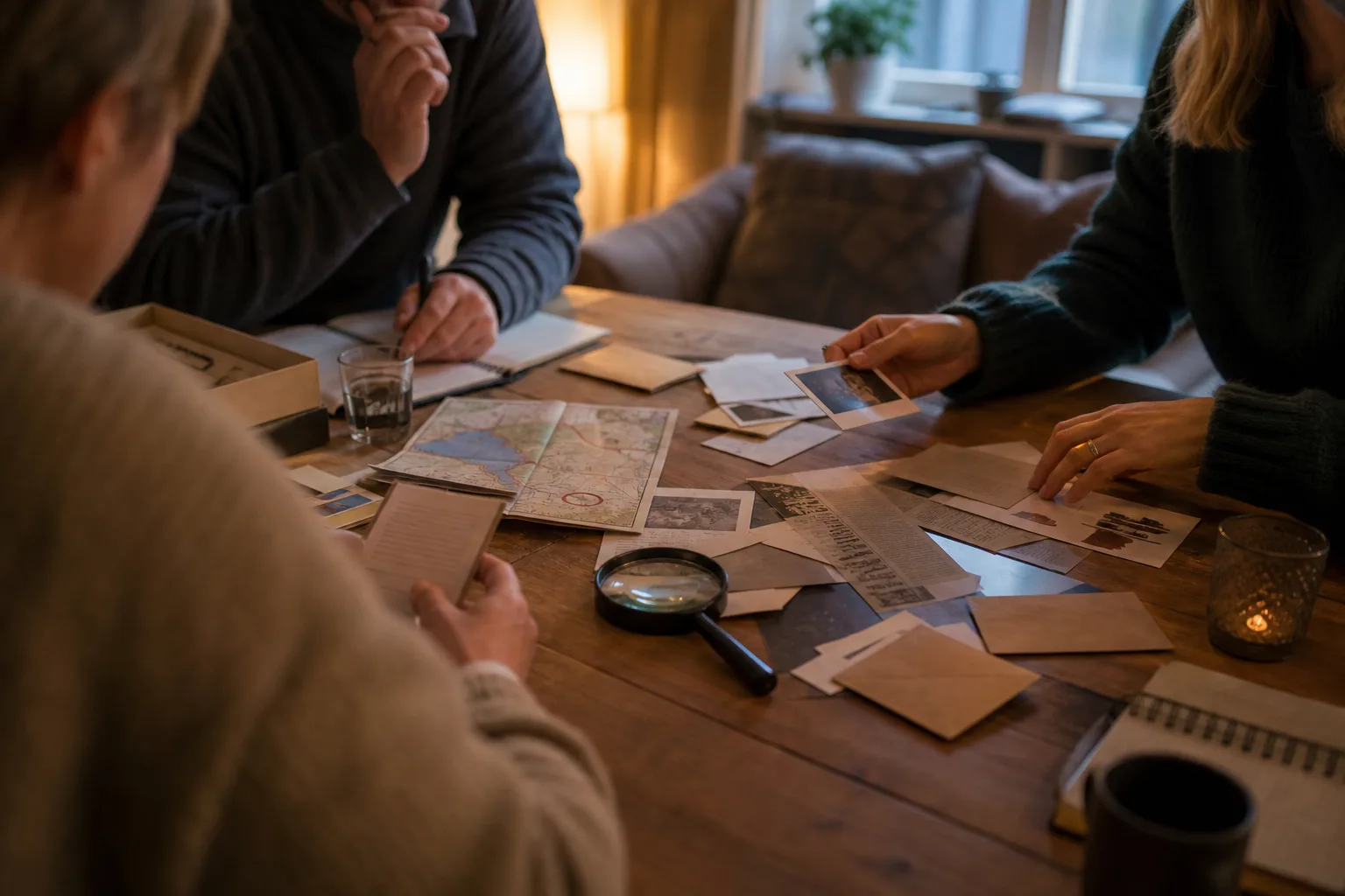 Karta, tidningsurklipp och förstoringsglas utlagda som ledtrådar i ett mysteriespel