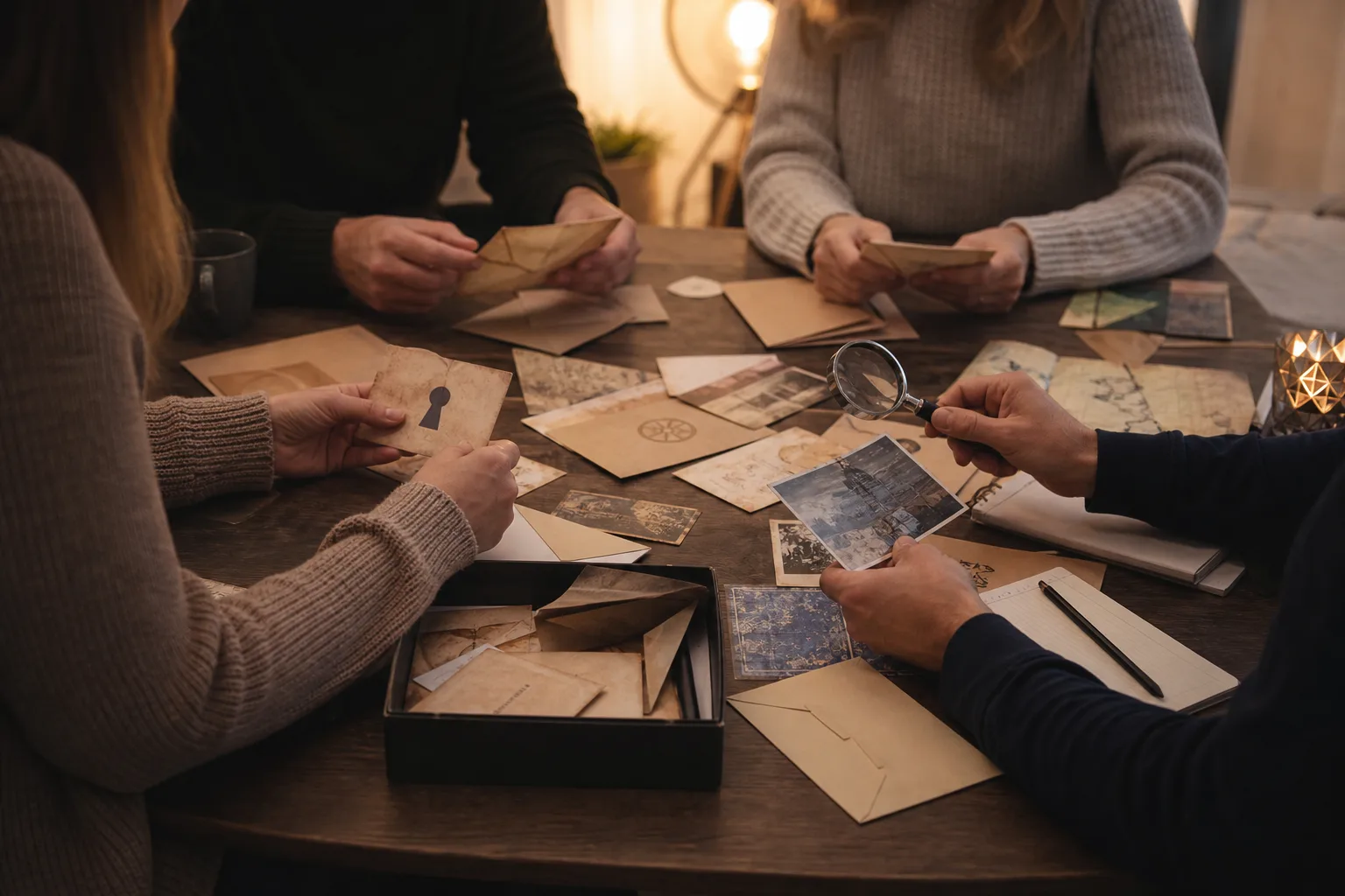 Kortlek, kuvert och ett förstoringsglas utlagda som förberedelse för ett escape room-spel hemma