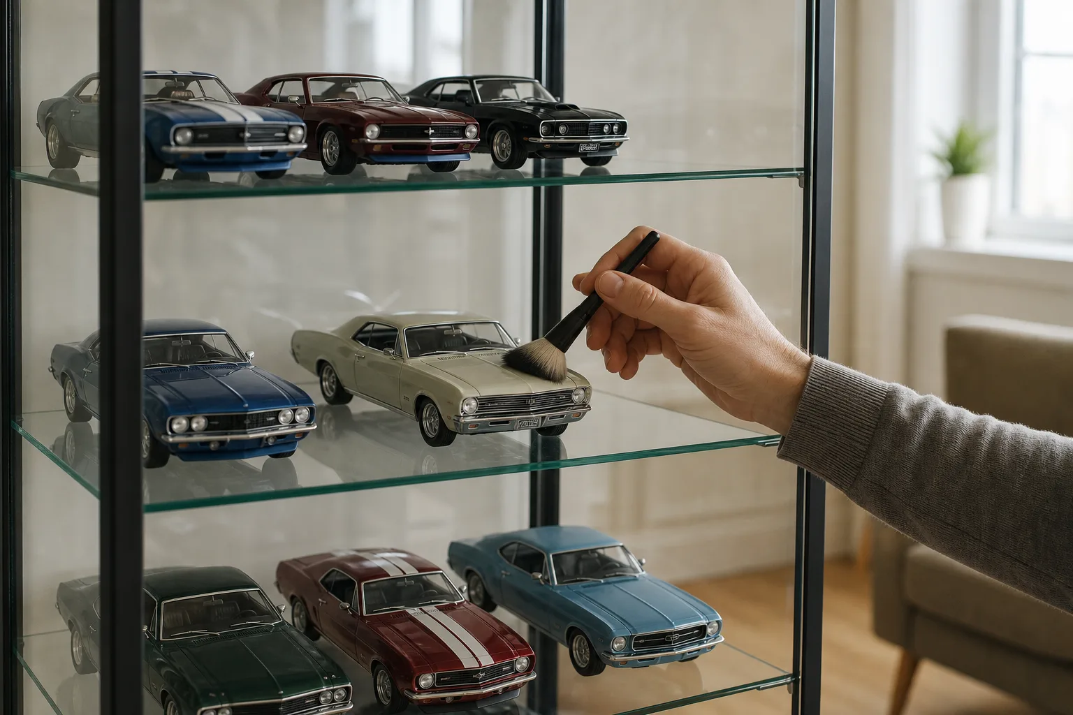 Rad av modellbilar uppställda i en glasmonter med flera hyllplan