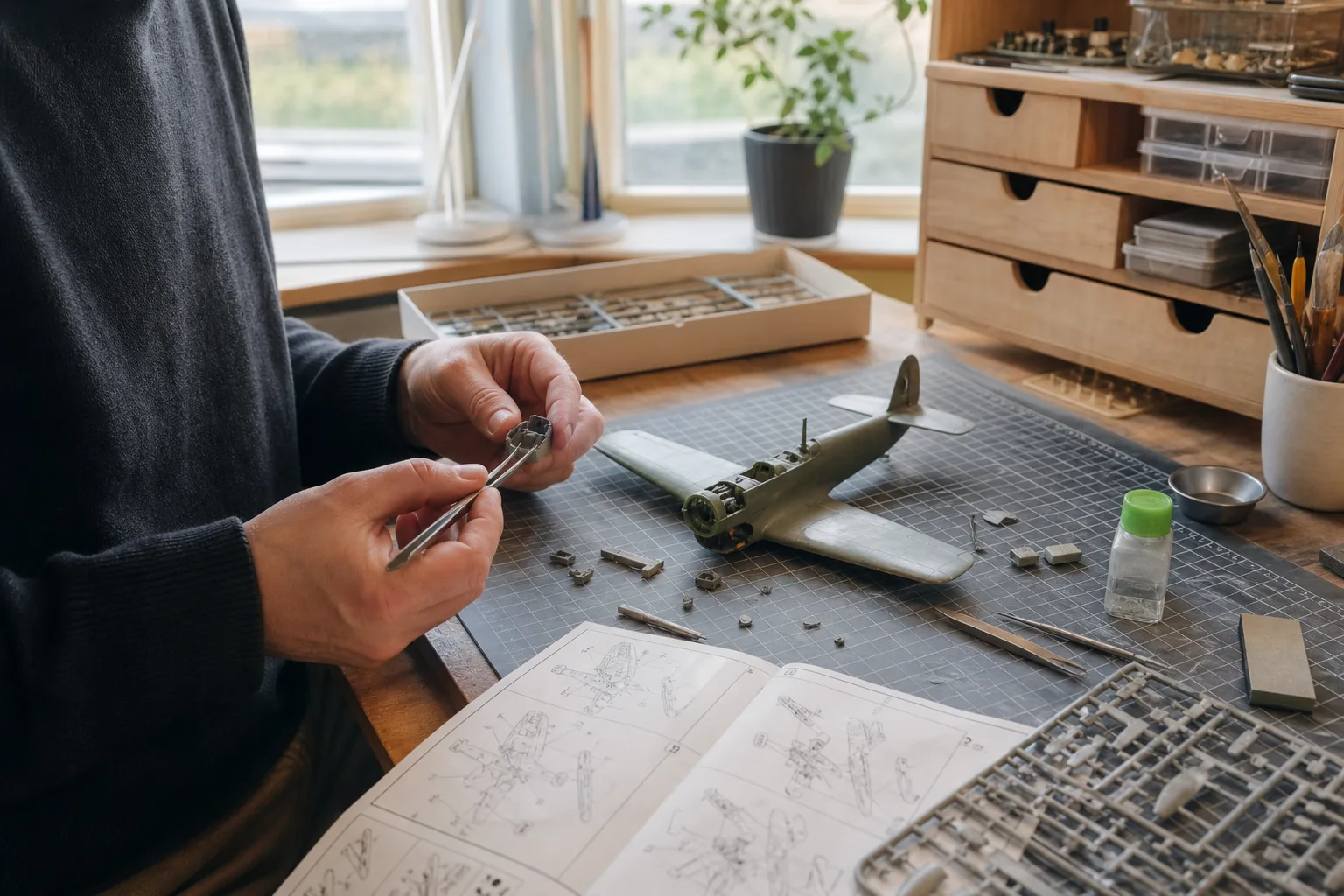 Arbetsbord med öppen bygginstruktion, plastdelar, lim och en halvfärdig skalmodell i olika byggsteg