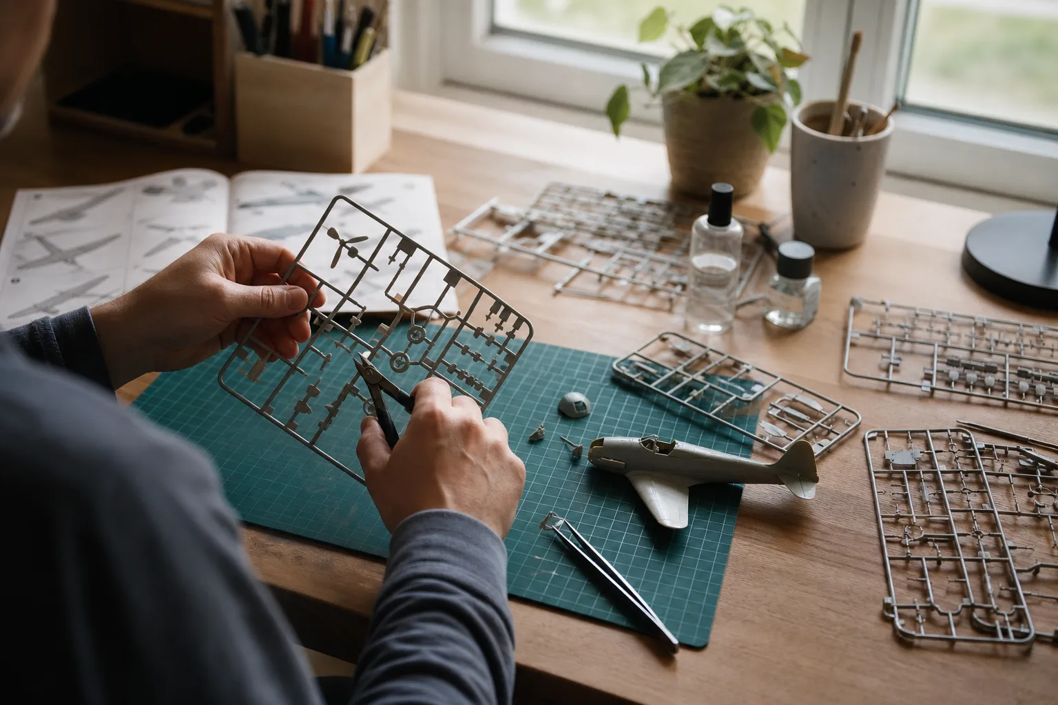 Formsprutade plastdelar på gjutgrenar bredvid en halvfärdig plastmodell och en hobbykniv