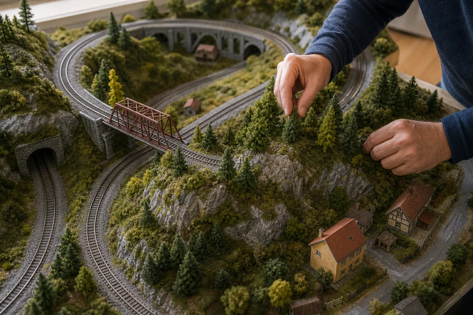 H0-lok och detaljerade vagnar uppställda på en modelljärnvägsbana