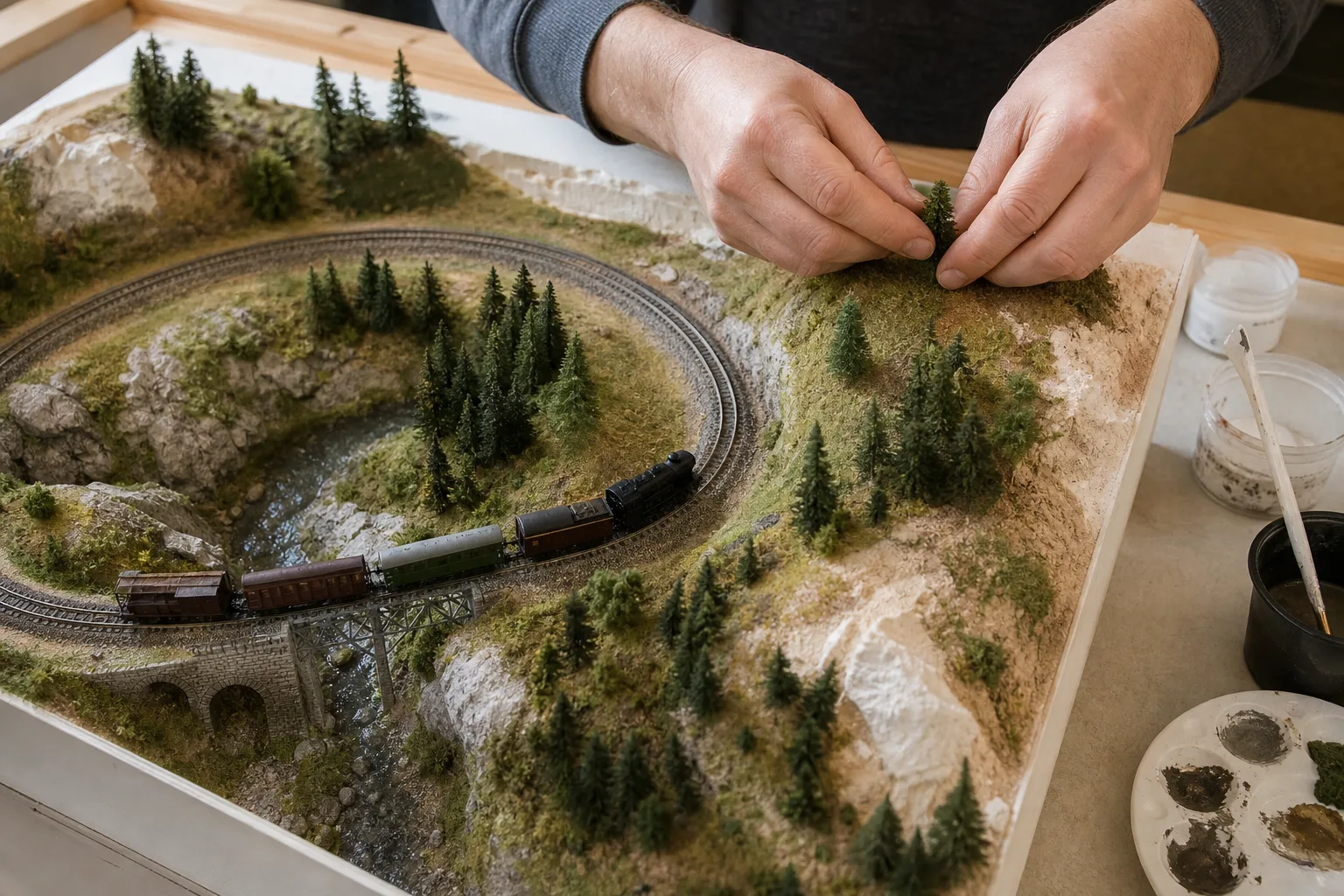 Kompakt N-skalig modelljärnväg med lok och vagnar på en liten bordsyta