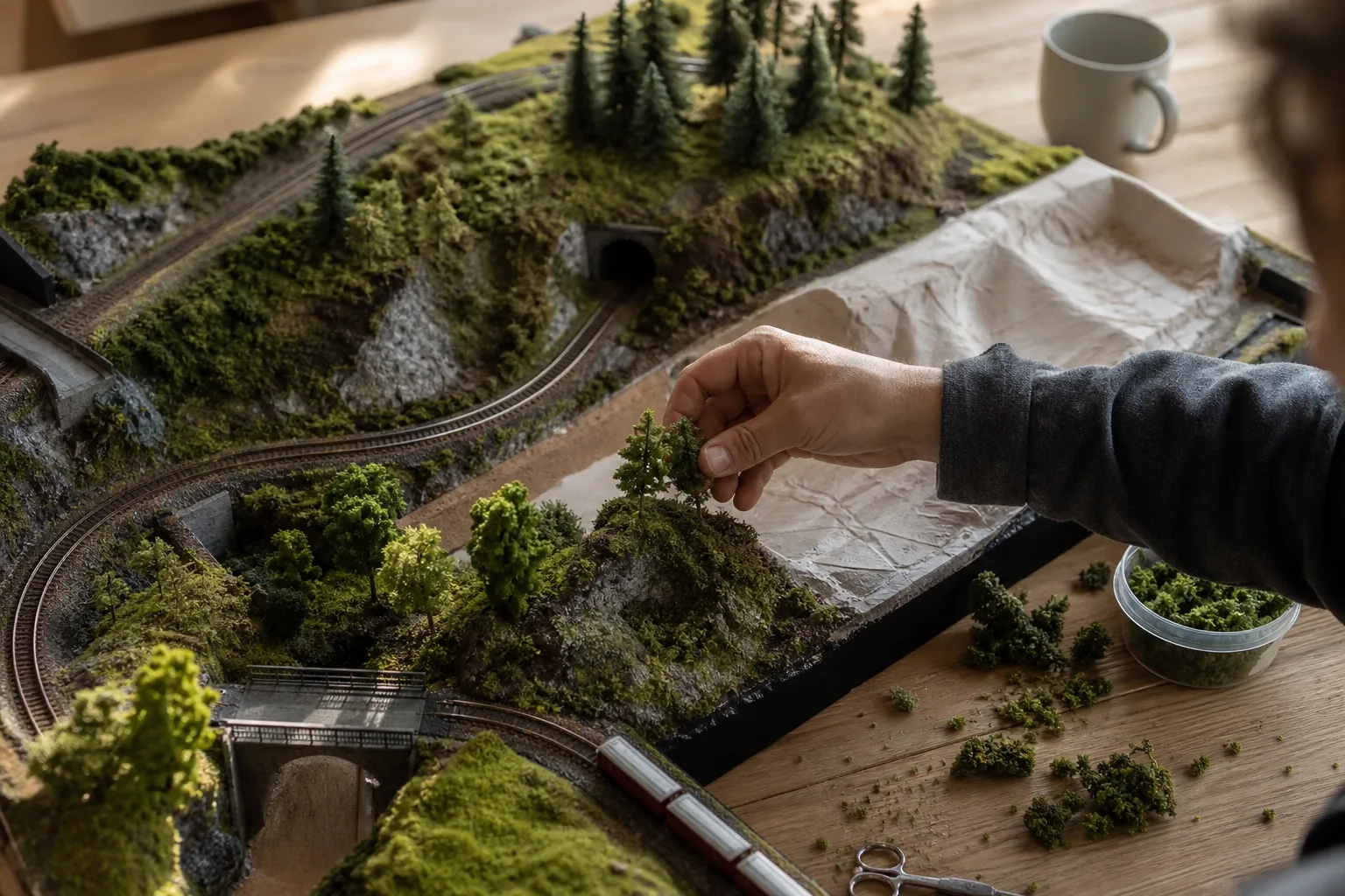 Flera modelljärnvägsstartset uppradade med räls, lok och vagnar synliga i öppna kartonger