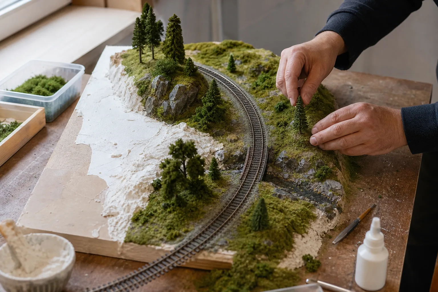 Diorama under uppbyggnad med terräng i skumplast, ballast och en påbörjad byggnad