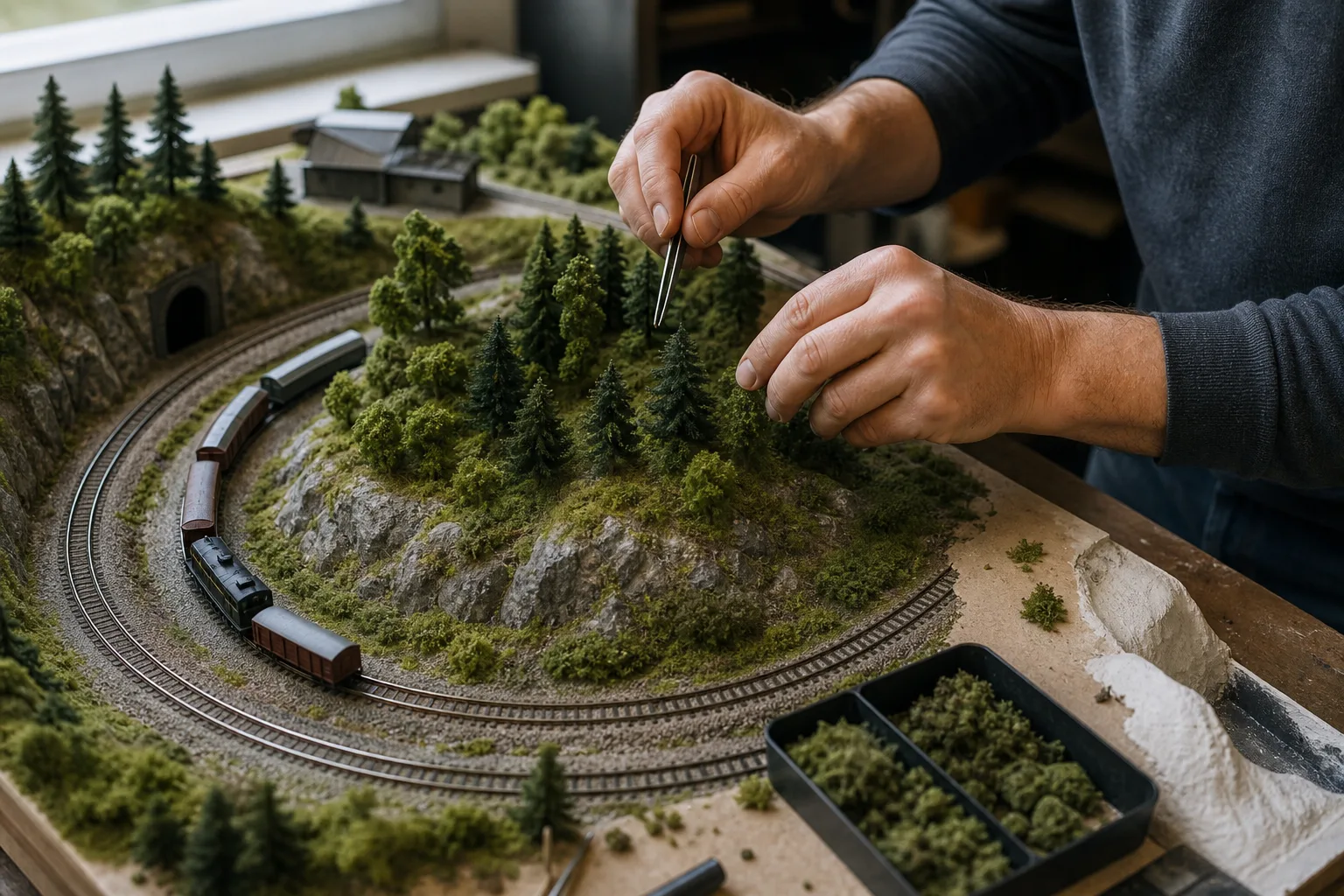 Nybörjare monterar räls och ett lok på en modelljärnvägsbana på ett bord