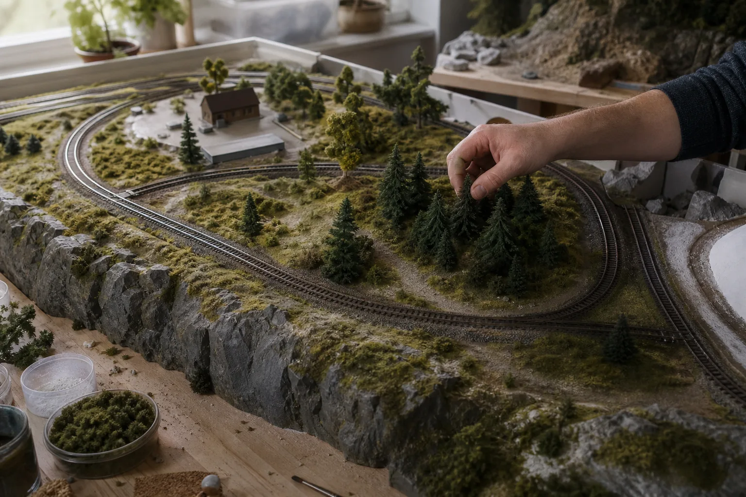 Ritad layout för en modelljärnväg med räls utlagd löst på en bordsyta för test