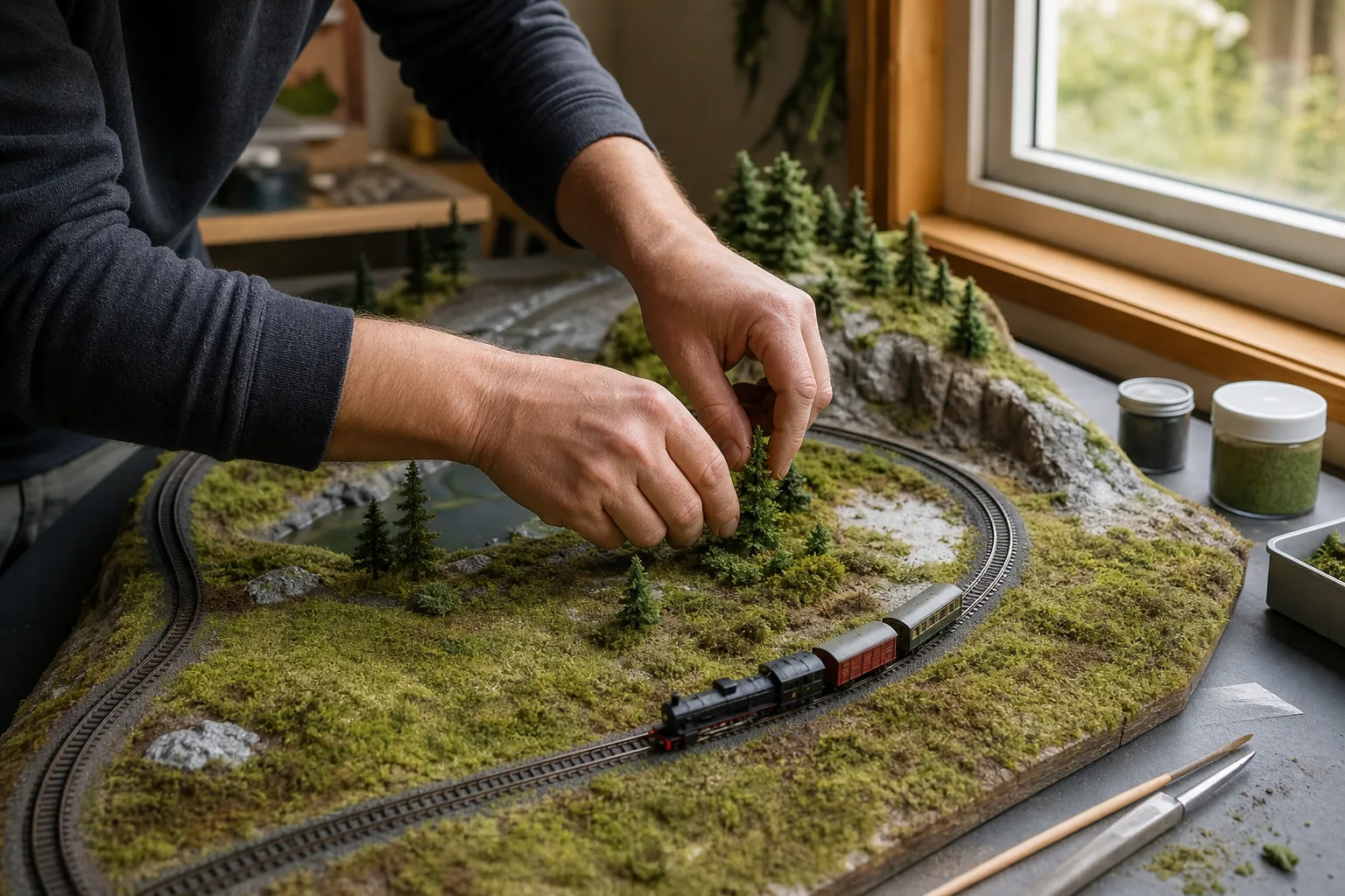 Öppen kartong med ett modelljärnvägsstartset bestående av räls, ett lok och vagnar