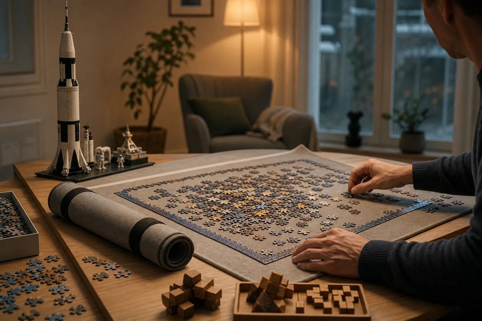Ett hopsatt 3D-pussel format som en rymdraket bredvid ett mindre, geometriskt tankepussel