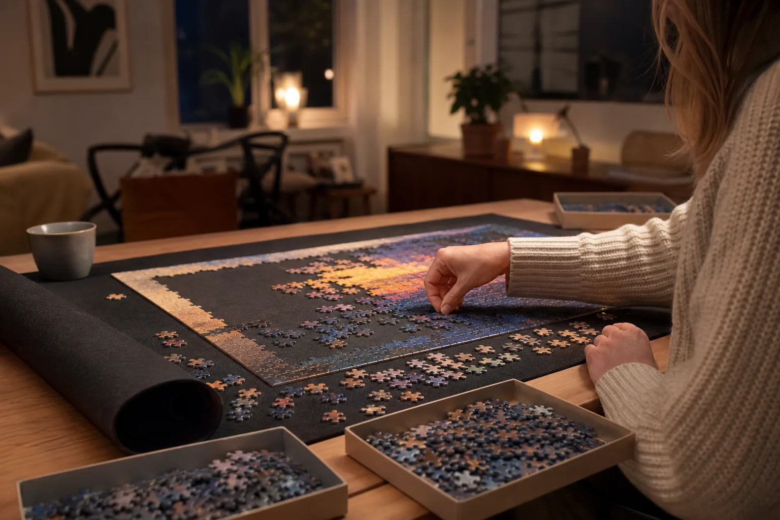Ett pussel med 1 000 bitar delvis lagt, med kantbitarna sorterade i en ram runt motivet