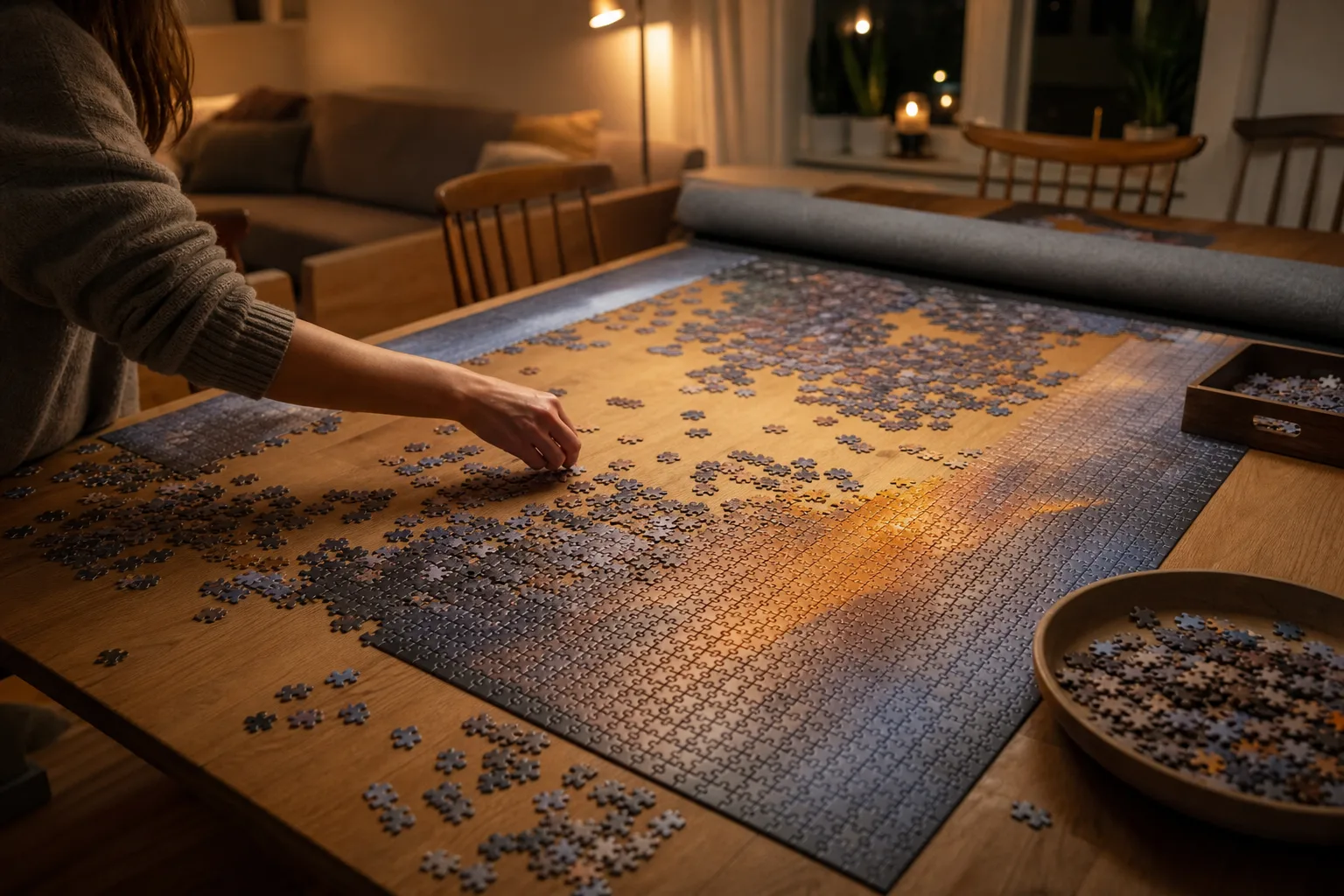 Ett halvfärdigt pussel med 2 000 bitar som täcker ett helt matbord