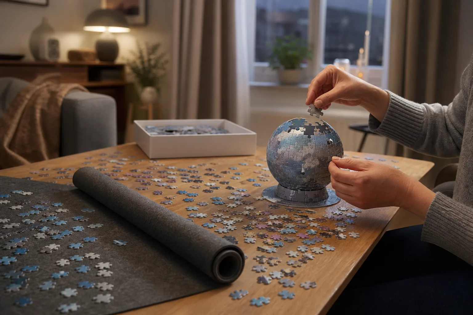 Ett delvis hopsatt 3D-pussel format som en rymdraket, med lösa delar bredvid