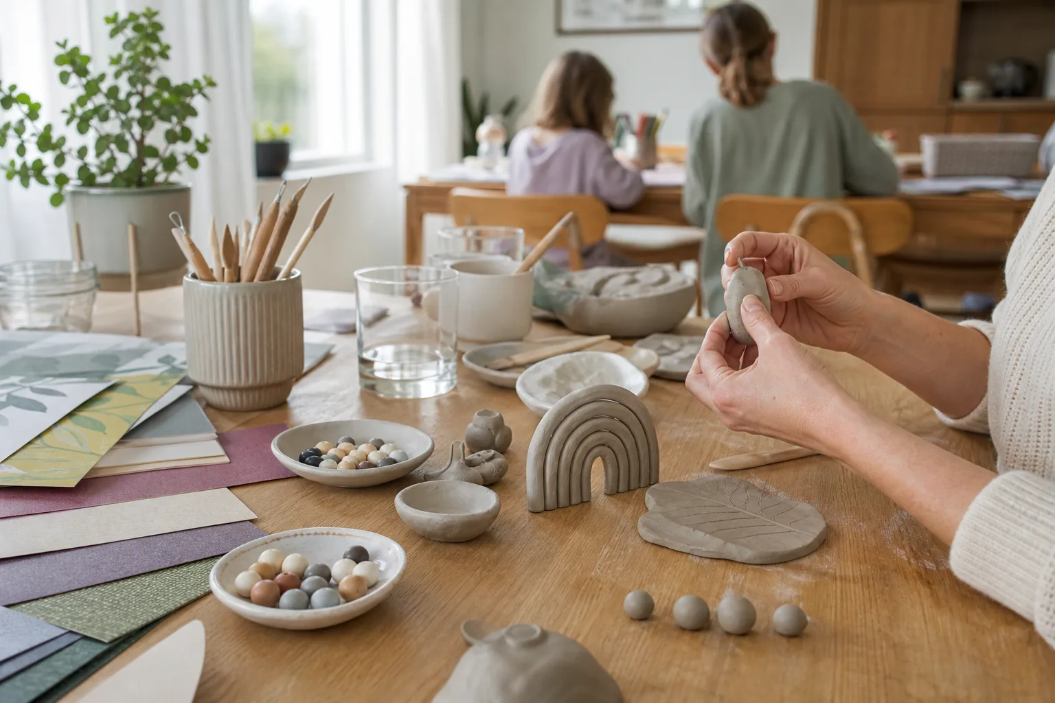 Färdiga figurer av lufttorkande lera som torkar på ett ställ