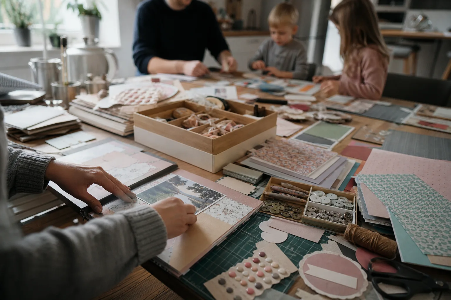 Ett scrapbookingstartset med papper, klister, sax och ett litet tomt album