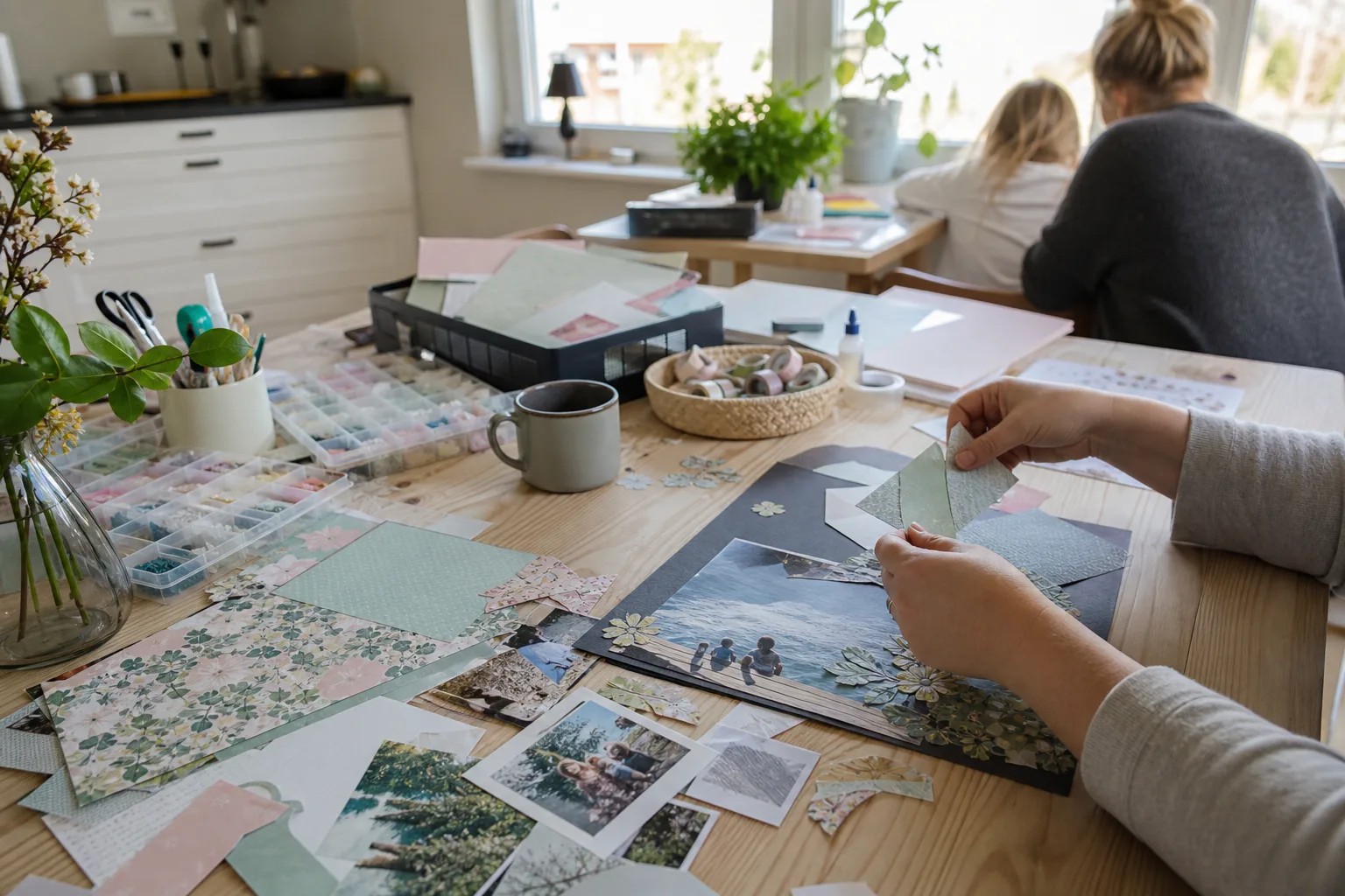 Ett scrapbookingprojekt med foton, mönstrat papper och klippta pappersdetaljer på ett bord