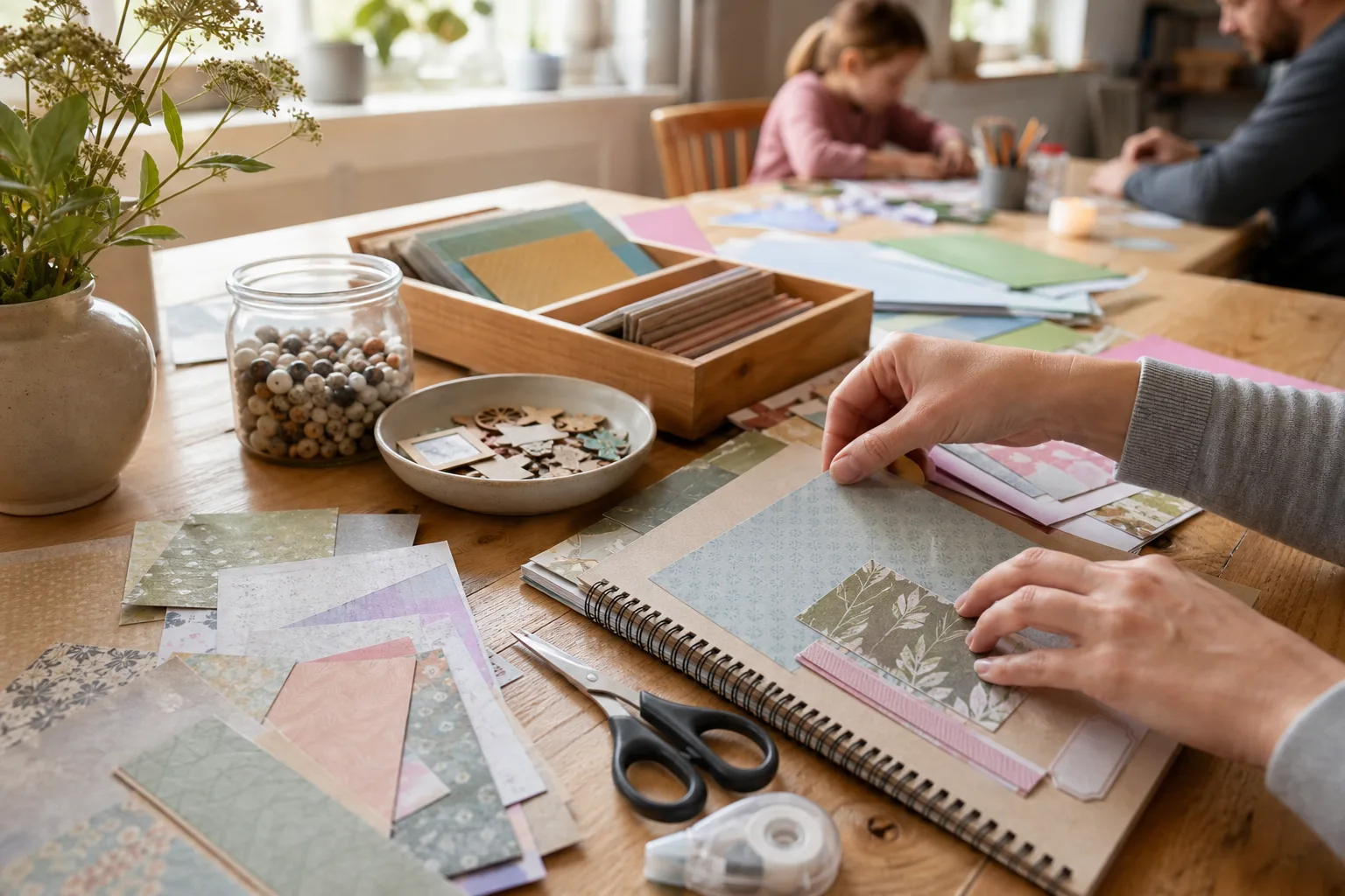 Grundmaterial för scrapbooking uppradat: papper, lim, sax och ett tomt album