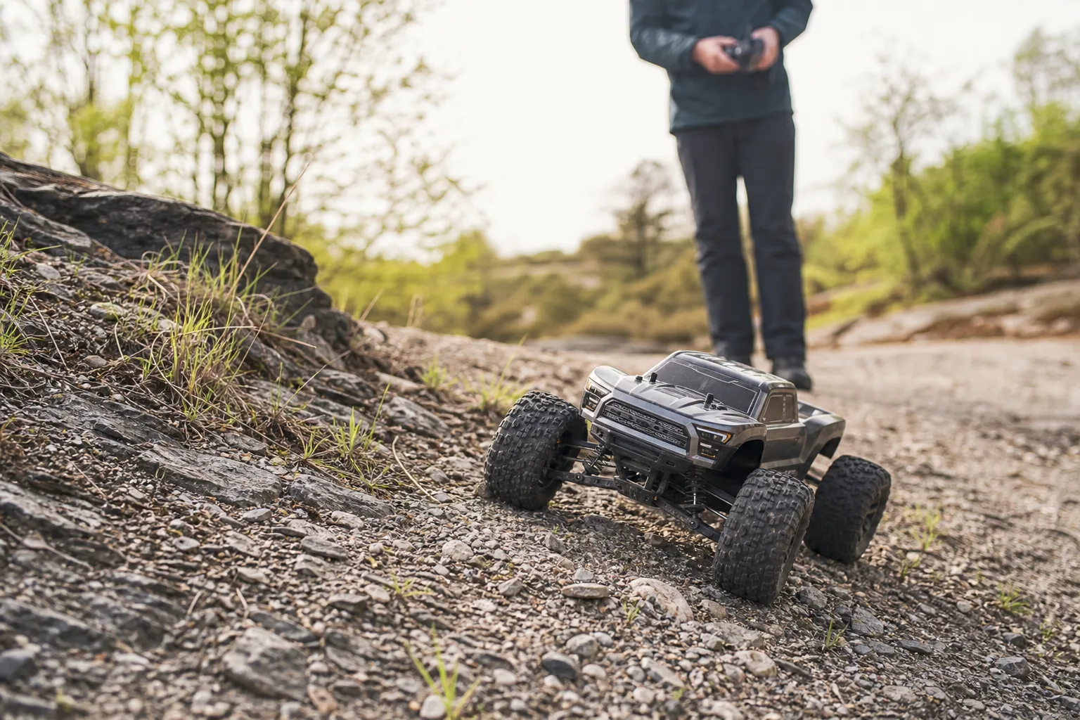 Radiostyrd offroadbil med grovmönstrade däck kör över ojämn grusterräng
