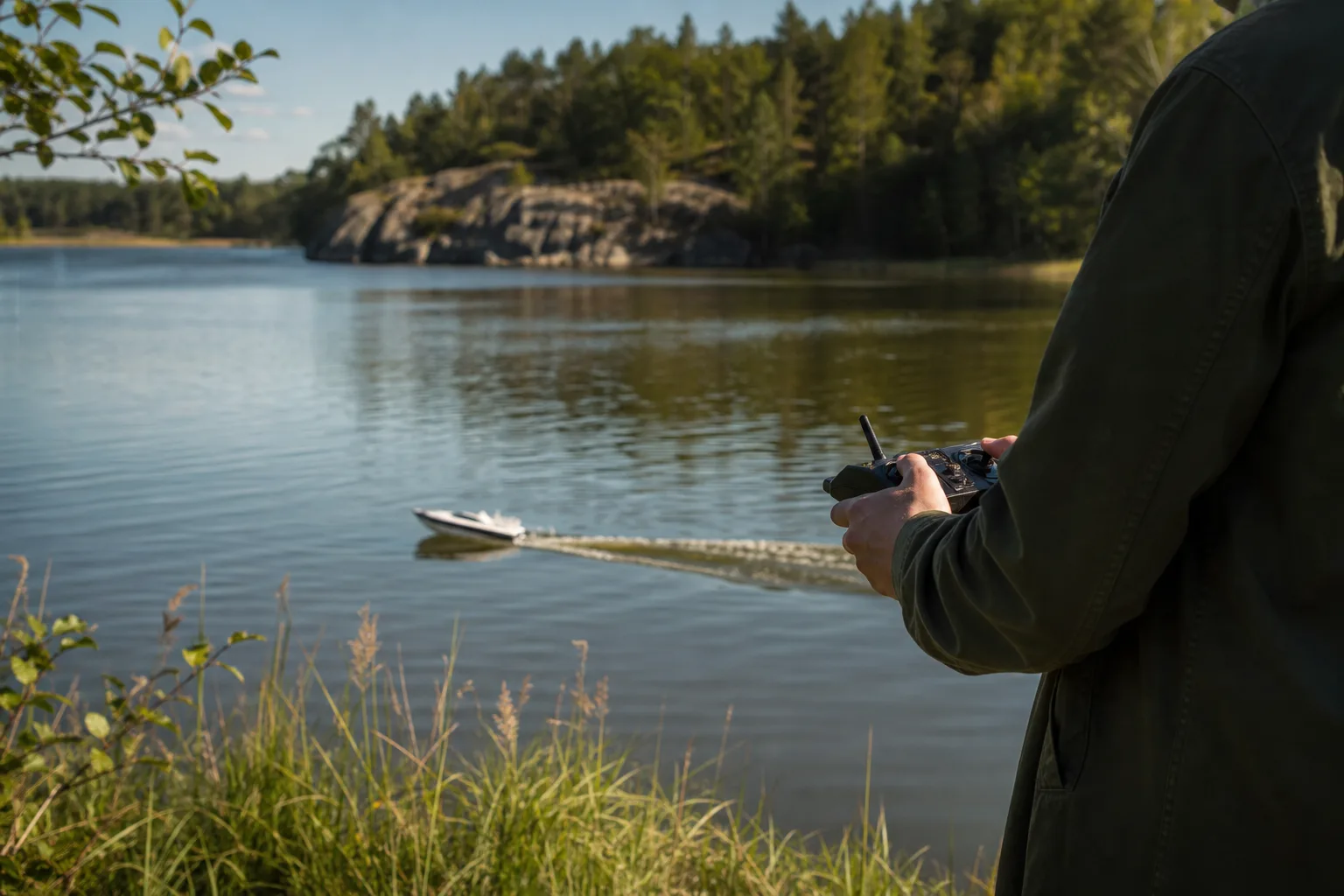 Radiostyrd båt flyter på lugnt vatten i en park nära stranden