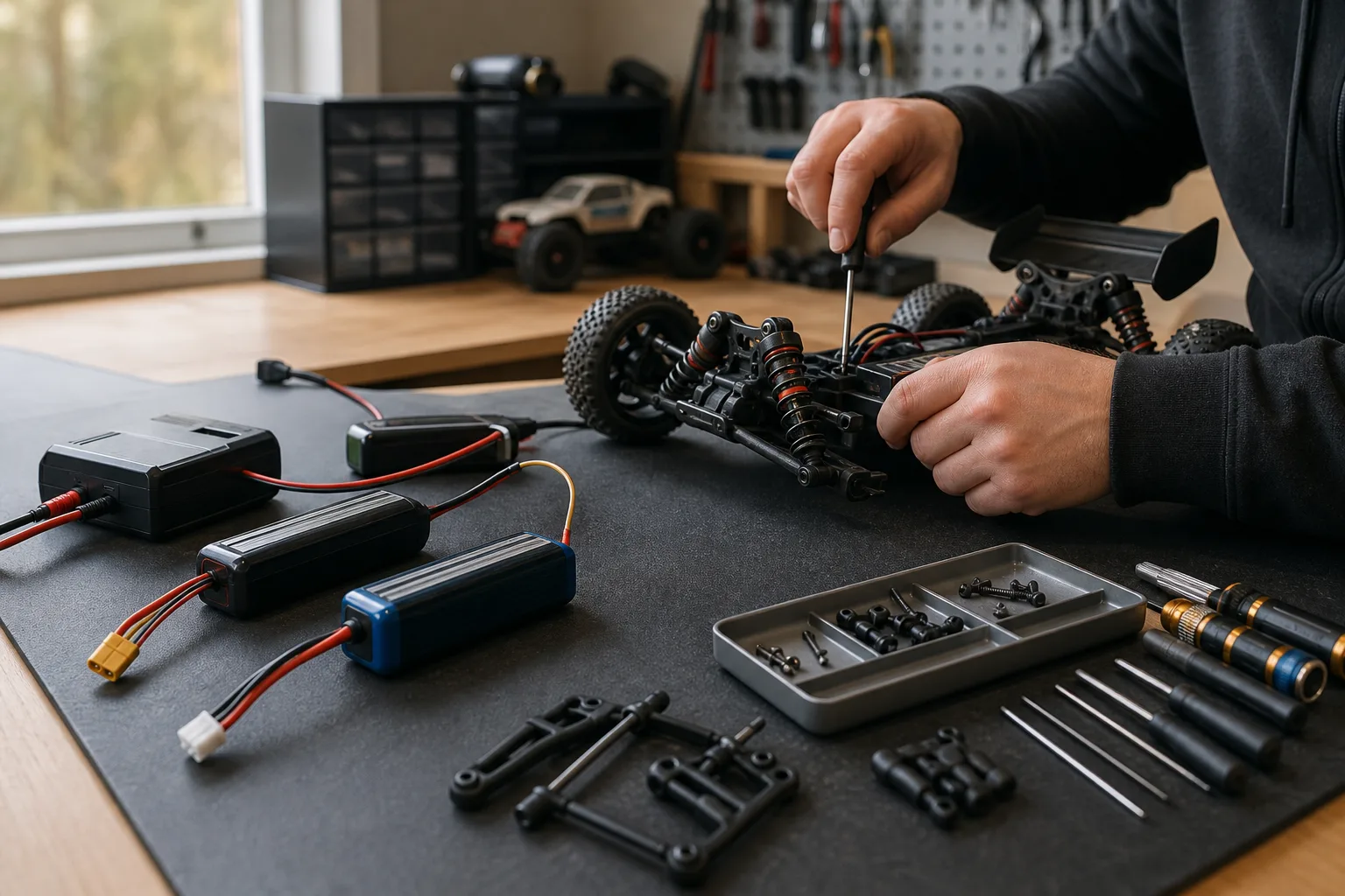 LiPo-batteri monterat i batterifacket på en radiostyrd bil med chassit synligt