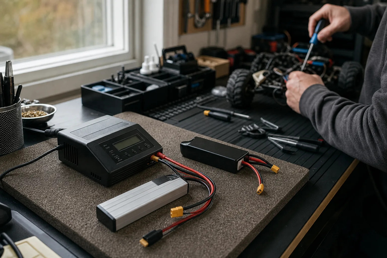 LiPo-laddare på ett hårt underlag i ett hobbyrum med batteri anslutet under laddning
