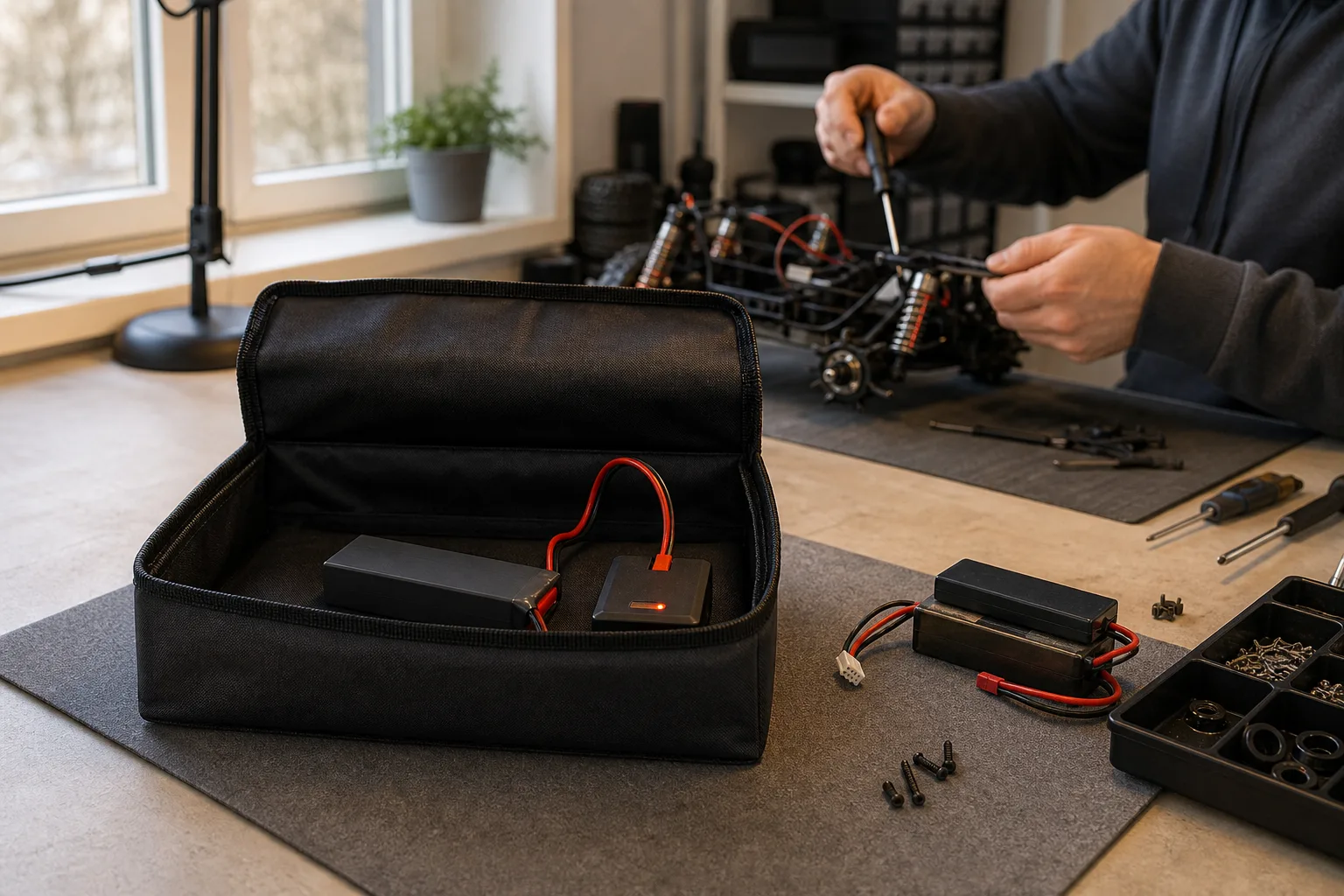 LiPo-batteri under laddning på ett hårt underlag med laddaren väl synlig på arbetsbordet