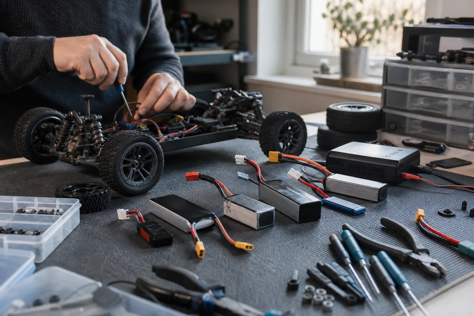 LiPo-batteri för RC-bil med balanskontakt bredvid ett öppet batterifack på en radiostyrd bil